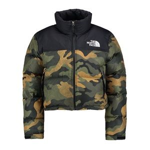 The North Face Nuptse Crop Woman Jacket Burnt Olive Green Waxed Camo Print
